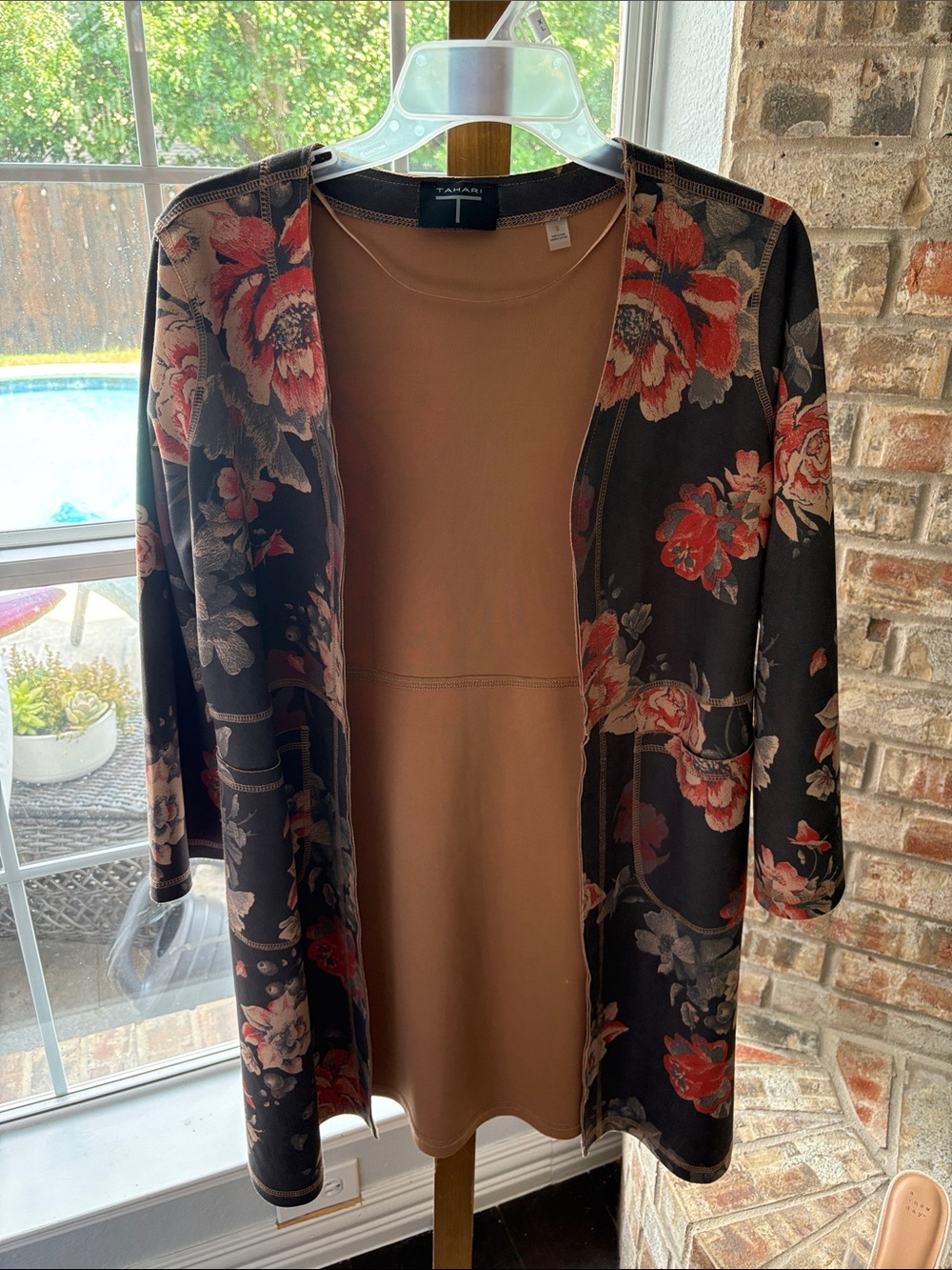 Tahari Black Floral Open-Front Cardigan with Red and Cream Blooms
